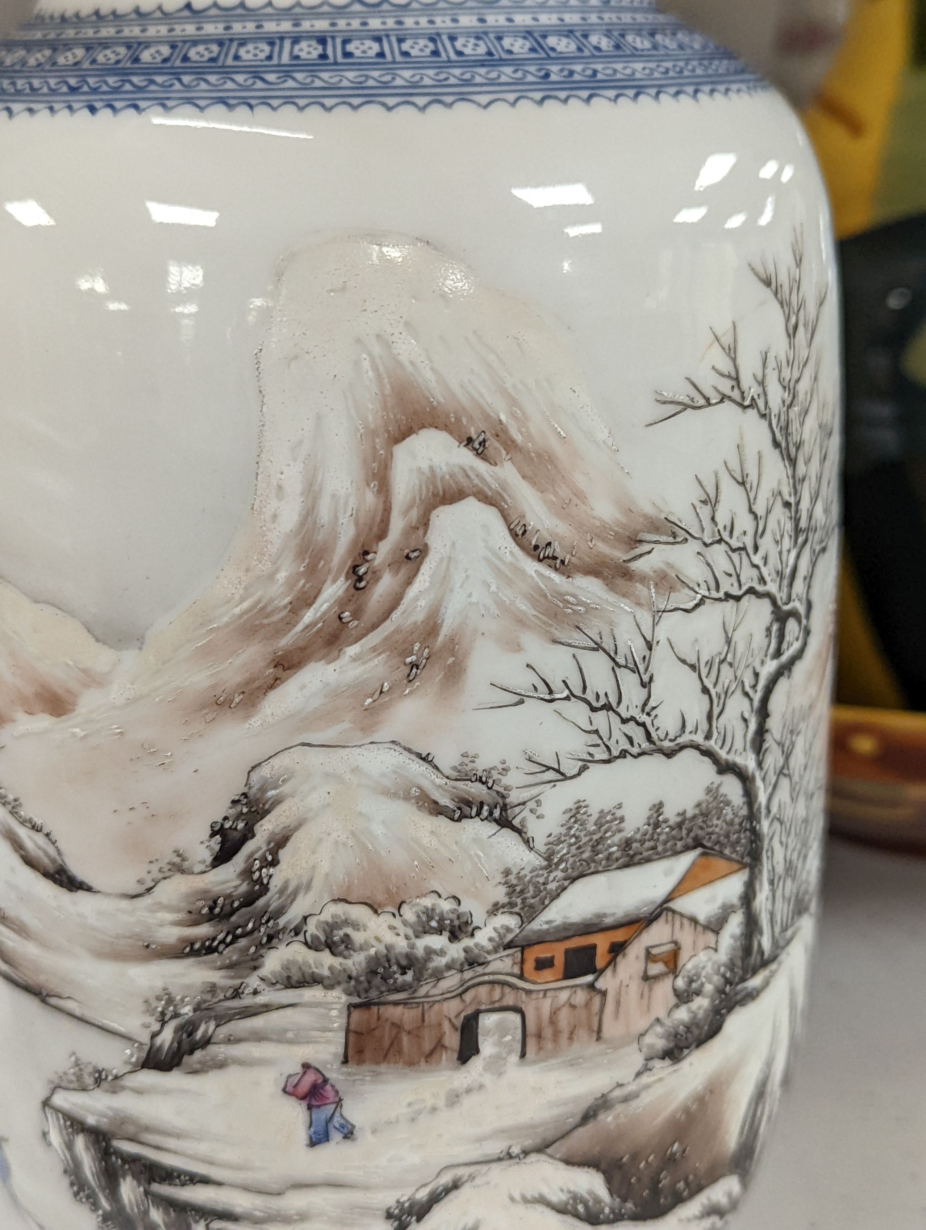 A mid 20th century Chinese enamelled porcelain winter landscape vase - 26cm tall including stand